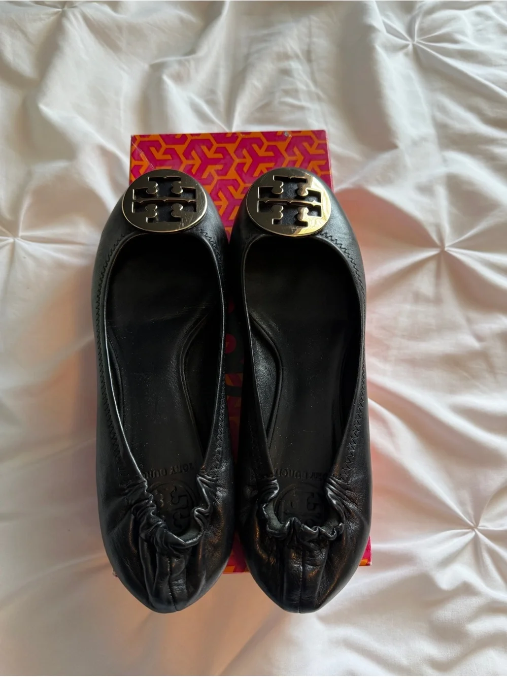 Tory Burch Black Leather Logo Ballet Flats with Gold Medallions